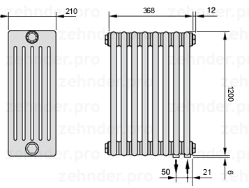 Схема (чертеж) Радиатор Zehnder Charleston 6120/8 №5510 Белый глянцевый RAL 9016